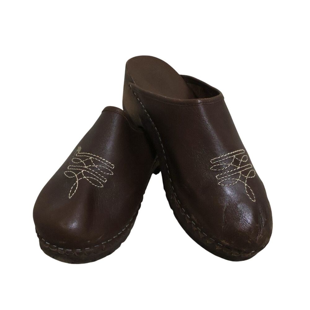 Vintage J. Crew Leather Embroidered Brown Wood Slip Ons Clogs Boho 9.5 90s